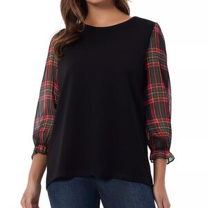 Jones NY petite Plaid Sleeve Boatneck Top